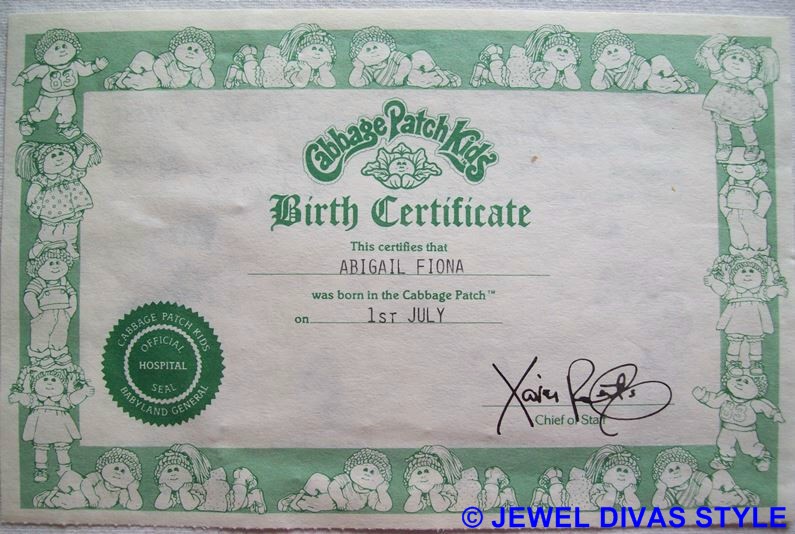 CABBAGE PATCH KID BIRTH CERTIFICATE
